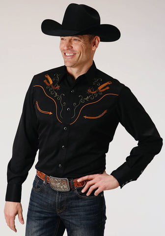 Roper Mens Black Poly/Rayon Horseshoes L/S Old West Shirt