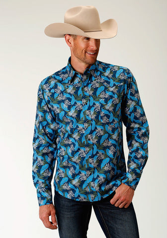 Roper Mens Blue 100% Cotton Tropics Print L/S Shirt