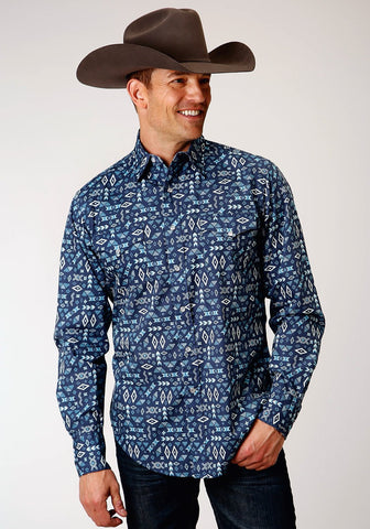Roper Mens Blue 100% Cotton All Around Aztec L/S Shirt