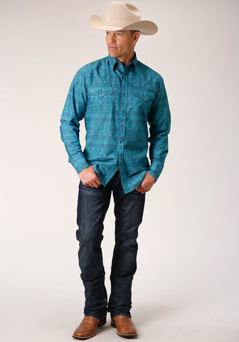 Roper Mens Blue 100% Cotton Textured Aztec L/S Shirt