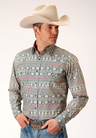 Roper Mens Grey 100% Cotton Tribal Texture L/S West Shirt