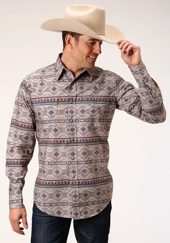 Roper Mens Grey 100% Cotton Blanket Aztec L/S Shirt