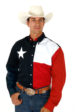 Roper Americana Mens Navy 100% Cotton L/S Texas Flag Button Western Shirt
