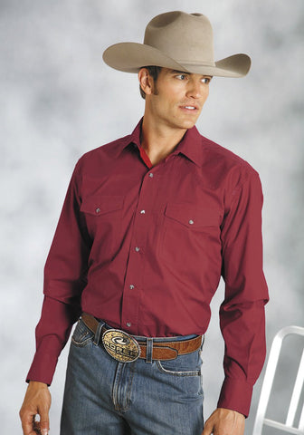 Roper Mens Red 100% Cotton L/S Snap 1 Pt Back Yoke Poplin Western Shirt