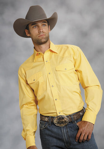 Roper Mens Yellow 100% Cotton L/S Snap 1 Pt Back Yoke Poplin Western Shirt