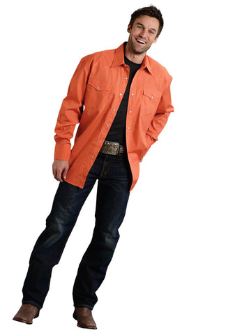 Roper Mens Orange 100% Cotton L/S 2 Pocket Western Shirt