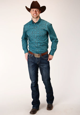 Roper Mens Blue 100% Cotton Agave Paisley BD L/S Btn Shirt