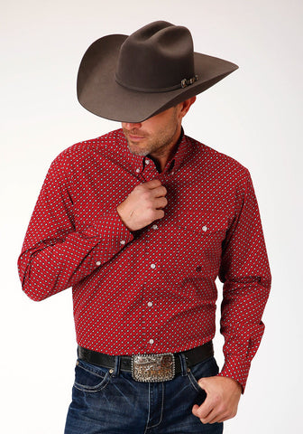 Roper Mens Red 100% Cotton Victorian Foulard BD L/S Btn Shirt