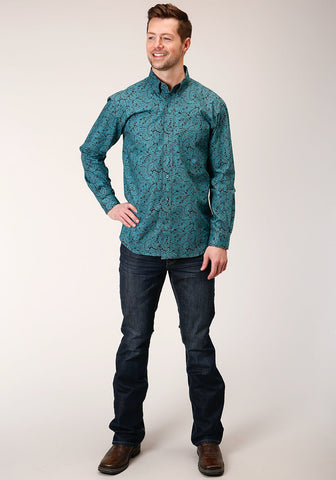 Roper Mens Blue 100% Cotton Agave Paisley BD L/S 1 Pkt Shirt