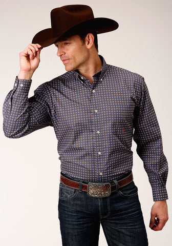 Roper Mens Grey 100% Cotton Plum Foulard BD L/S 1 Pkt Shirt
