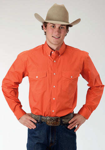 Roper Basics Mens Orange 100% Cotton Solid Poplin Btn L/S Shirt