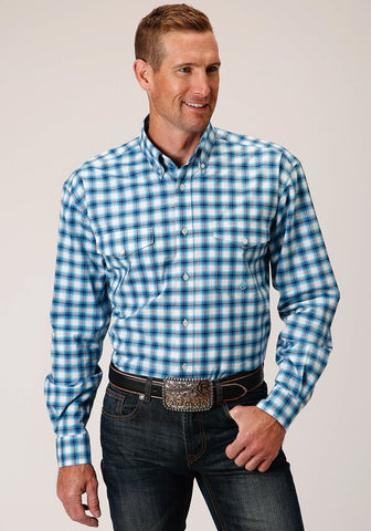 Roper Mens Blue Cotton Blend Stretch Check BD L/S Button Shirt