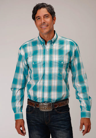 Roper Mens Turquoise 100% Cotton Sand Ombre BD L/S Button Shirt