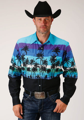 Roper Mens Blue 100% Cotton Beach Roundup L/S Snap Shirt