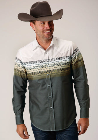 Roper Mens Grey 100% Cotton Aztec Rows L/S Snap Shirt