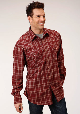 Roper Mens Wine 100% Cotton Unlined Flannel Plaid L/S Shirt