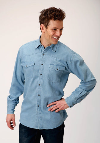 Roper Mens Light Blue 100% Cotton Denim BD L/S Western Shirt