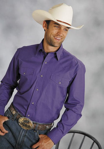 Roper Mens Purple 100% Cotton L/S Tall Snap Solid Poplin Western Shirt
