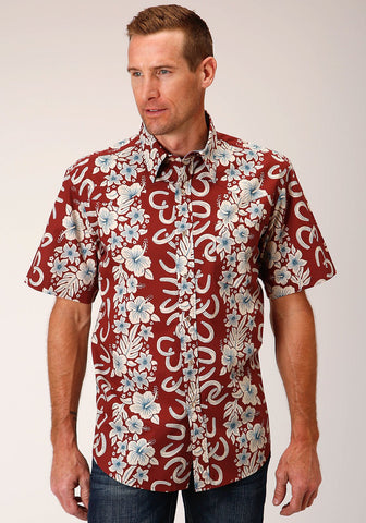 Roper Mens Red 100% Cotton Hawaiian Horseshoes S/S Shirt