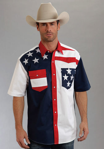 Roper Americana Mens Blue 100% Cotton S/S Colorblock Flag Snap Western Shirt