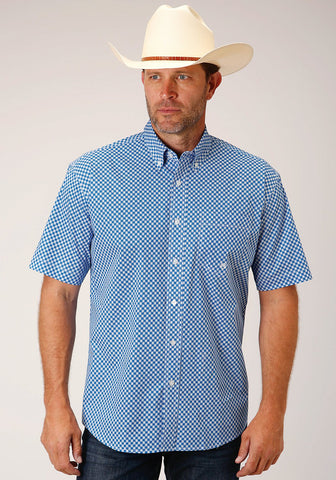 Roper Mens Blue Cotton Blend Diamond Star Geo BD S/S 1 Pkt Shirt