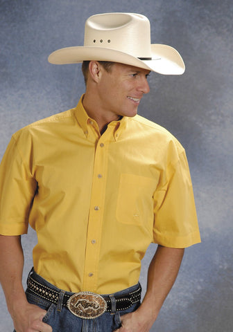 Roper Mens Yellow 100% Cotton S/S 1 Pkt Button Down Poplin Western Shirt