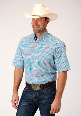 Roper Mens Turquoise Cotton Blend Stretch Check BD S/S Shirt