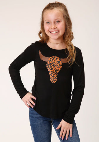 Roper Girls Kids Black Poly/Rayon Leopard Print L/S T-Shirt