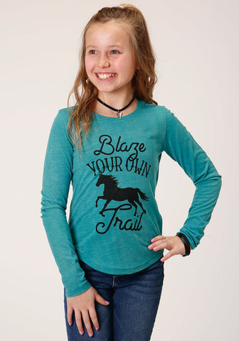Roper Girls Kids Blue Poly/Rayon Blaze Your Own Trail L/S T-Shirt