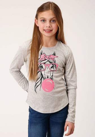 Roper Girls Kids Grey Poly/Rayon Bubblegum Horse L/S T-Shirt