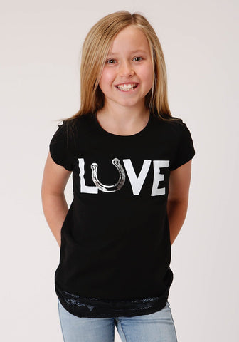 Roper Girls Black Poly/Rayon LOVE Horseshoe S/S T-Shirt