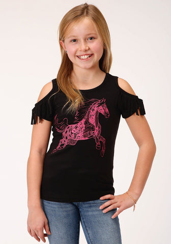 Roper Girls Kids Black Poly/Rayon Pink Horse S/S T-Shirt