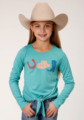 Roper Girls Kids Turquoise Poly/Rayon Horseshoes Boots L/S T-Shirt