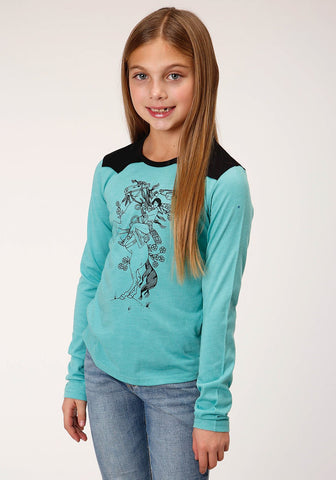 Roper Girls Kids Turquoise Poly/Rayon Bronc Rider L/S Western T-Shirt