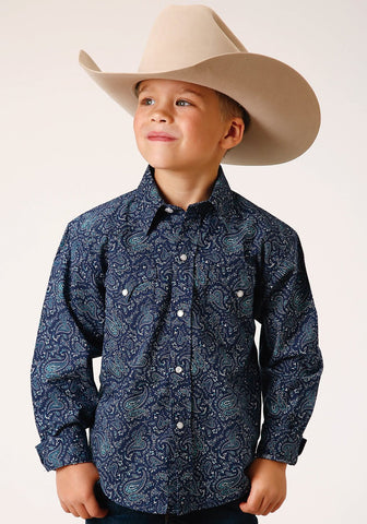 Roper Boys Kids Blue 100% Cotton Vintage Paisley L/S Shirt