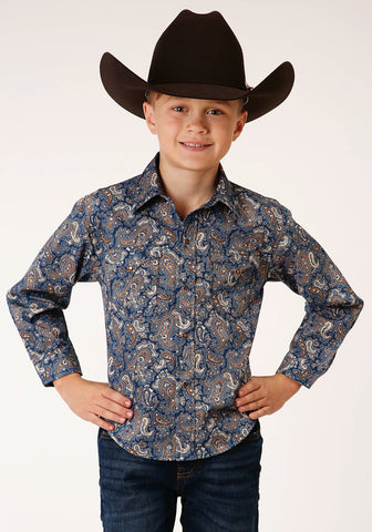 Roper Boys Kids Blue 100% Cotton River Paisley L/S Shirt