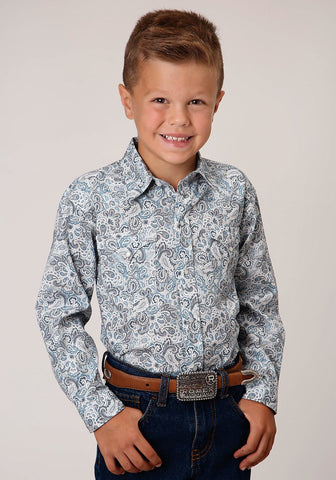 Roper Boys Kids Blue 100% Cotton Vintage Paisley L/S Snap Shirt