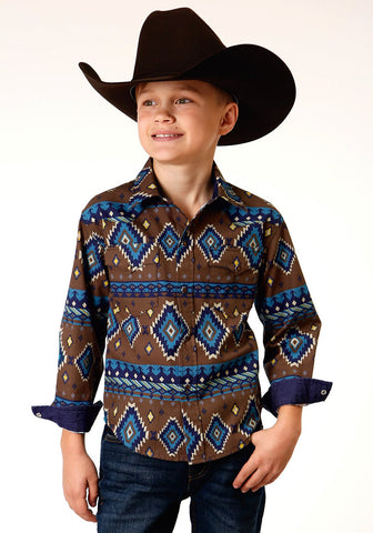 Roper Boys Kids Brown 100% Cotton Chocolate Aztec L/S Shirt