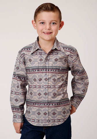 Roper Boys Kids Grey 100% Cotton Blanket Aztec L/S Shirt