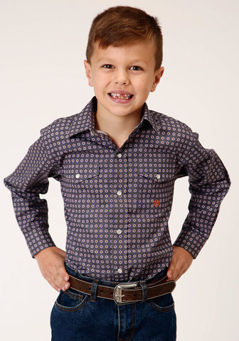 Roper Boys Kids Grey 100% Cotton Plum Foulard L/S Shirt