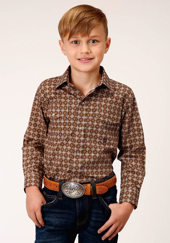 Roper Boys Kids Brown 100% Cotton Cinnamon Foulard L/S Shirt