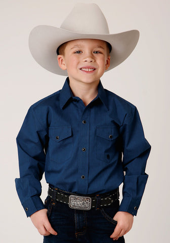 Roper Boys Kids Blue 100% Cotton Solid Black Fill L/S Shirt