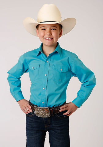 Roper Boys Kids Turquoise Cotton Blend Stretch Poplin L/S Shirt