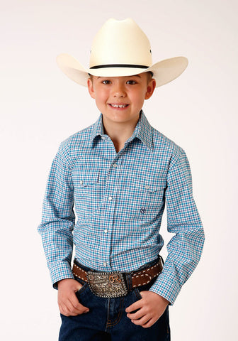 Roper Boys Kids Turquoise Cotton Blend Stretch Check L/S Shirt