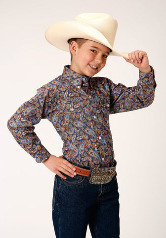 Roper Boys Kids Blue 100% Cotton Country Paisley BD L/S Button Shirt