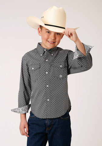 Roper Boys Kids Black 100% Cotton Diamond Star Geo BD L/S Button Shirt