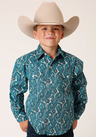 Roper Boys Kids Turquoise 100% Cotton Upstream Paisley BD L/S Btn Shirt