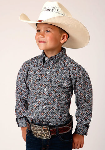 Roper Boys Kids Grey 100% Cotton Silver Foulard BD L/S Button Shirt