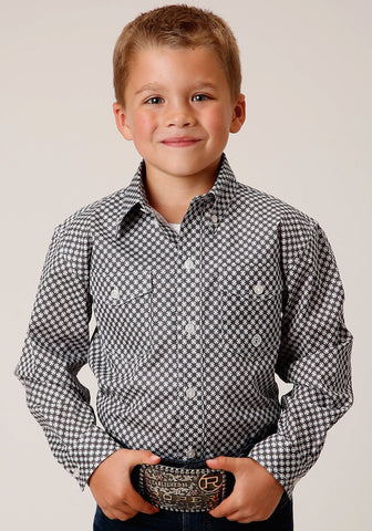 Roper Boys Kids Grey Cotton Blend Diamond Star Geo BD L/S Button Shirt