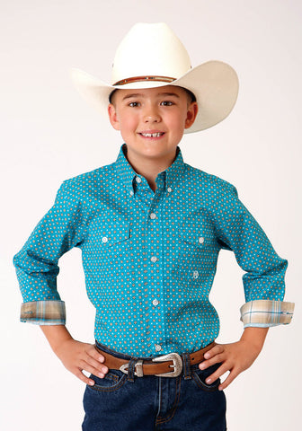 Roper Boys Kids Turquoise 100% Cotton Foulard BD L/S Button Shirt